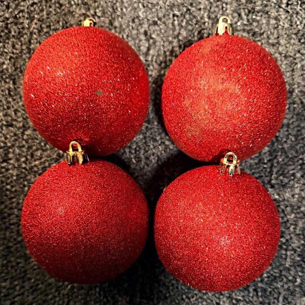 Set of 4 Red Glitter Round Ball Bauble Christmas Ornaments,10in Plastic Hanging